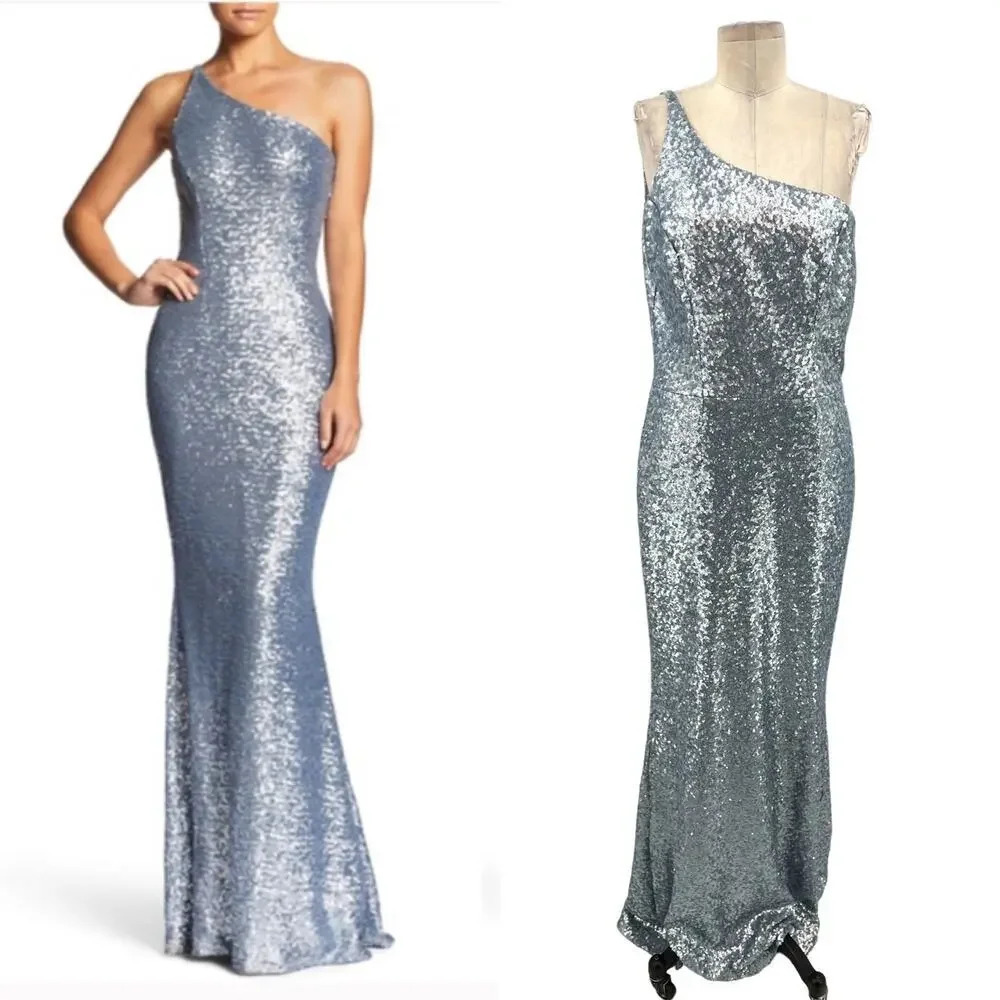Dress the Population Bellaโ One Shoulder Sequin Gown Light Blue Size Large